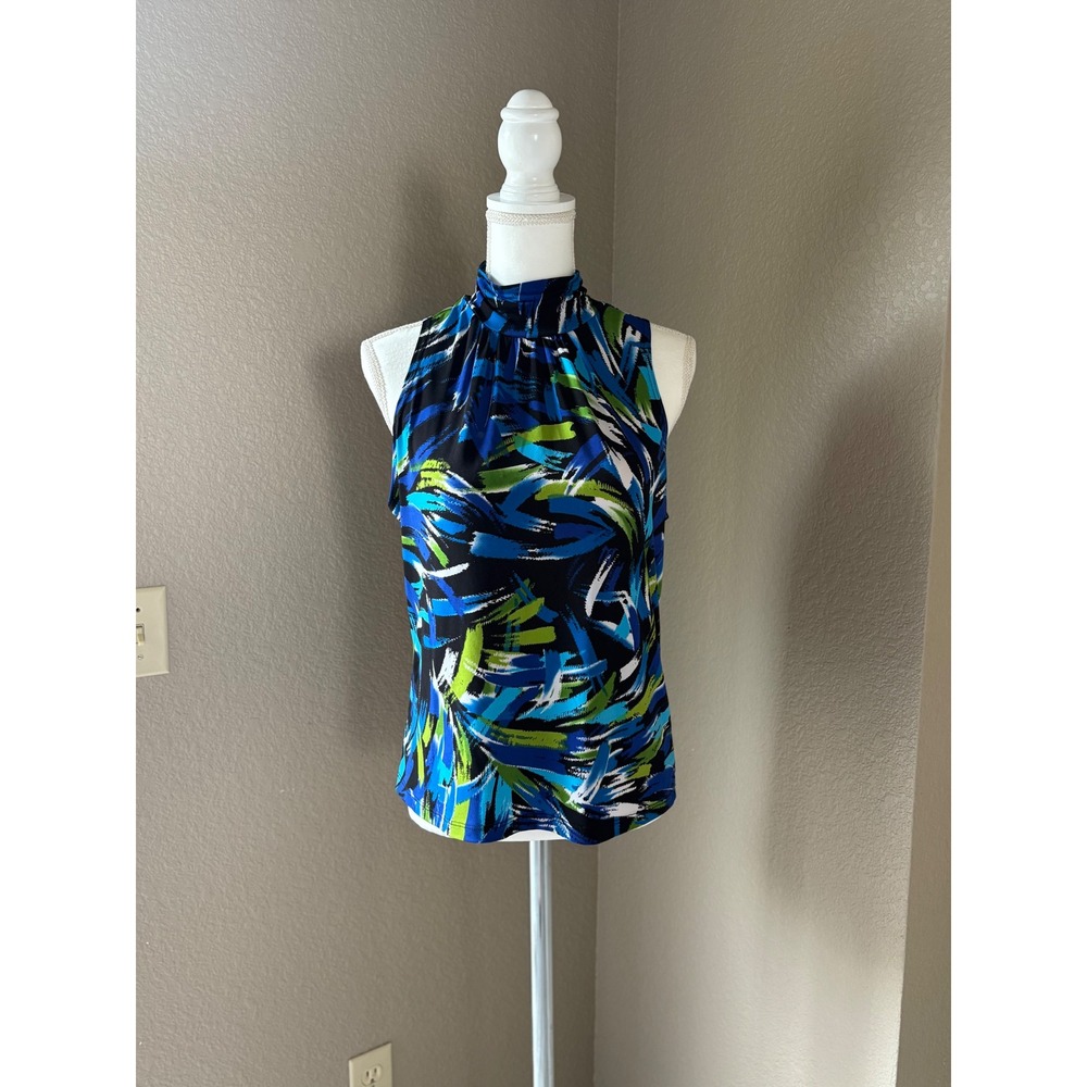 One Blonde One Brunette Blue Green Abstract Mock Neck Tank Top